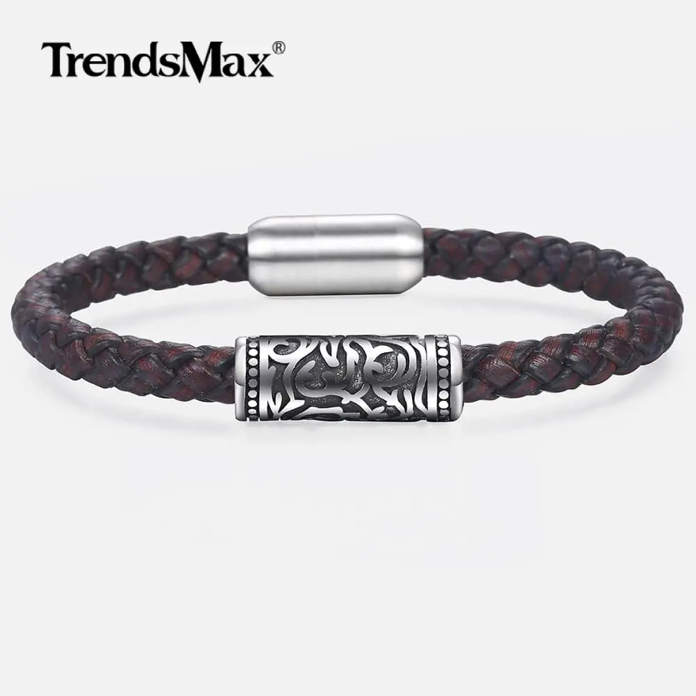 Мужской плетеный кожаный браслет 8 мм матовый Cinnabar Powder из нержавеющей стали с