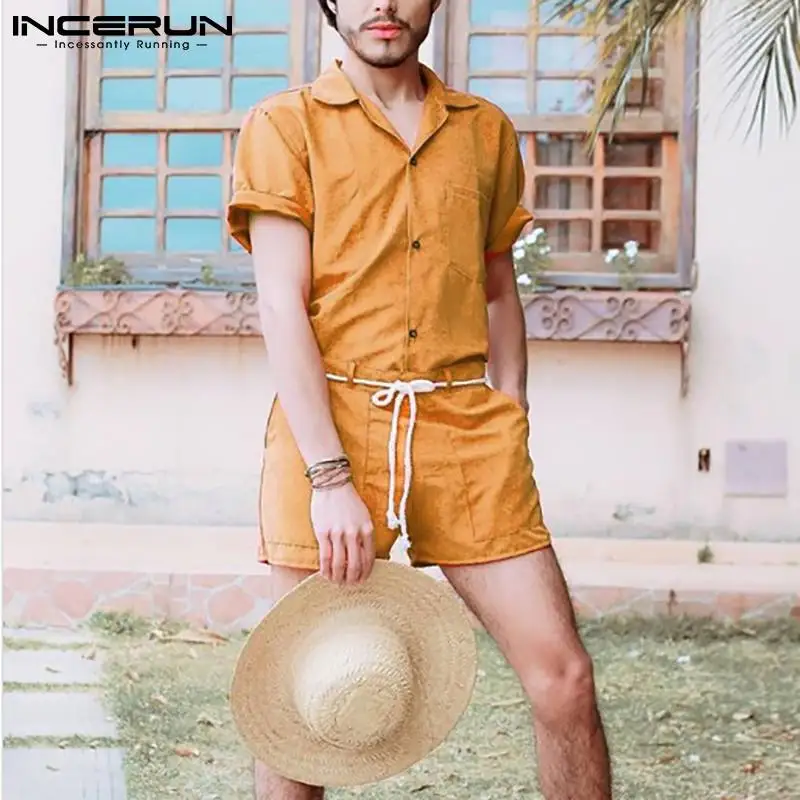 

Мужской комплект из 2 предметов INCERUN, Однотонная рубашка с отложным воротником, шорты на завязках, Летние Гавайские пляжные костюмы с карман...