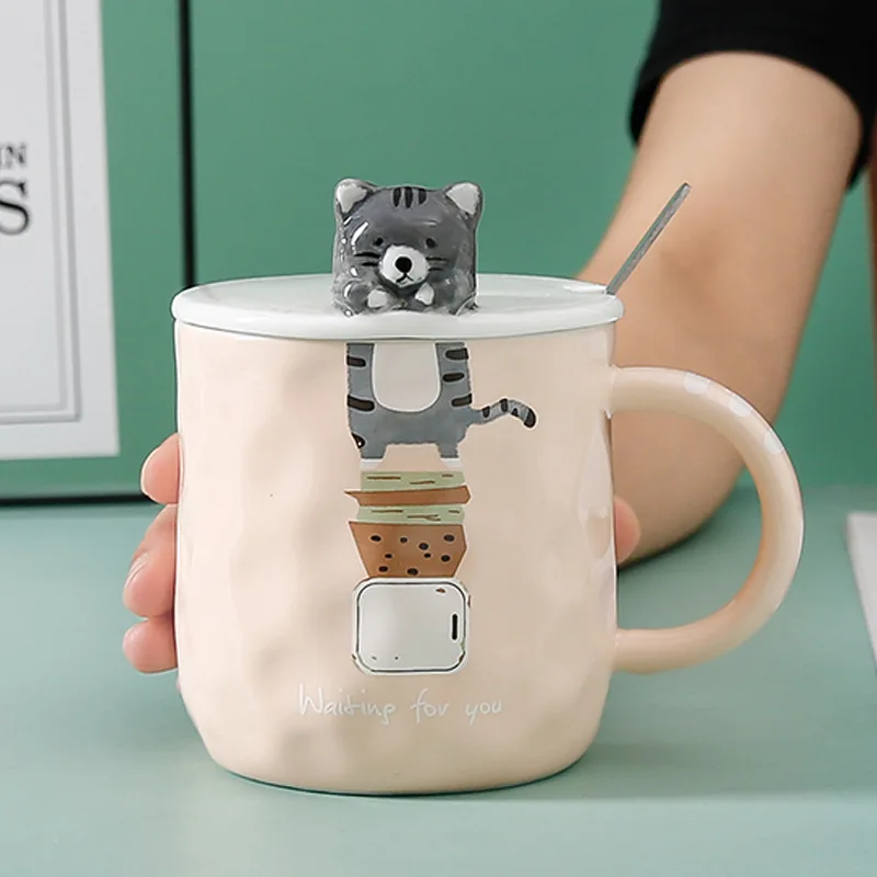 Creative Design Embossed Animal Mug with Lid Spoon Coffee Cute Cat Tea Cup Eco-friendly Drinkware | Дом и сад