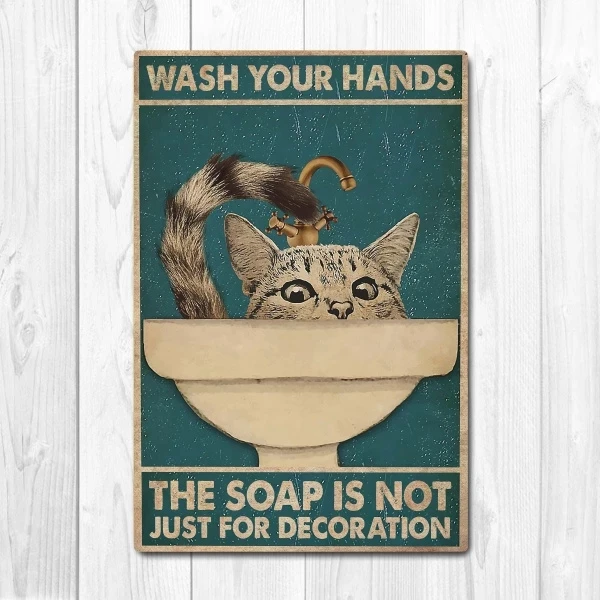 

Please Wash Your Hand, Quarantined Cat and Girl Soap Poster Washroom Vintage Tin Metal Sign Bar Club Cafe Garage Wall Decor