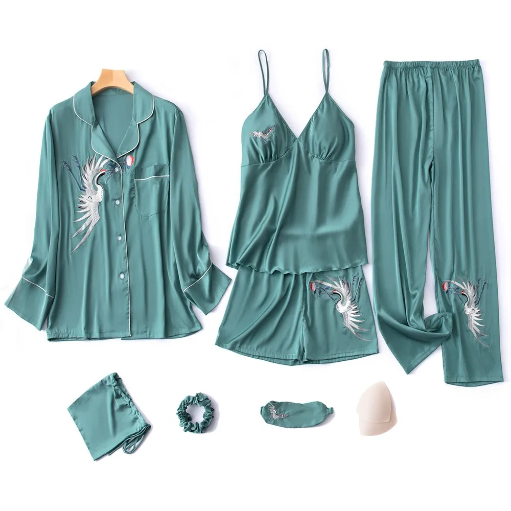 

Pajamas Embroidery Crane Shirt&Pants Strap Top&Shorts 2021 New 7PCS PJS Set For Women Satin Sleepwear Lounge Wear Nightwear