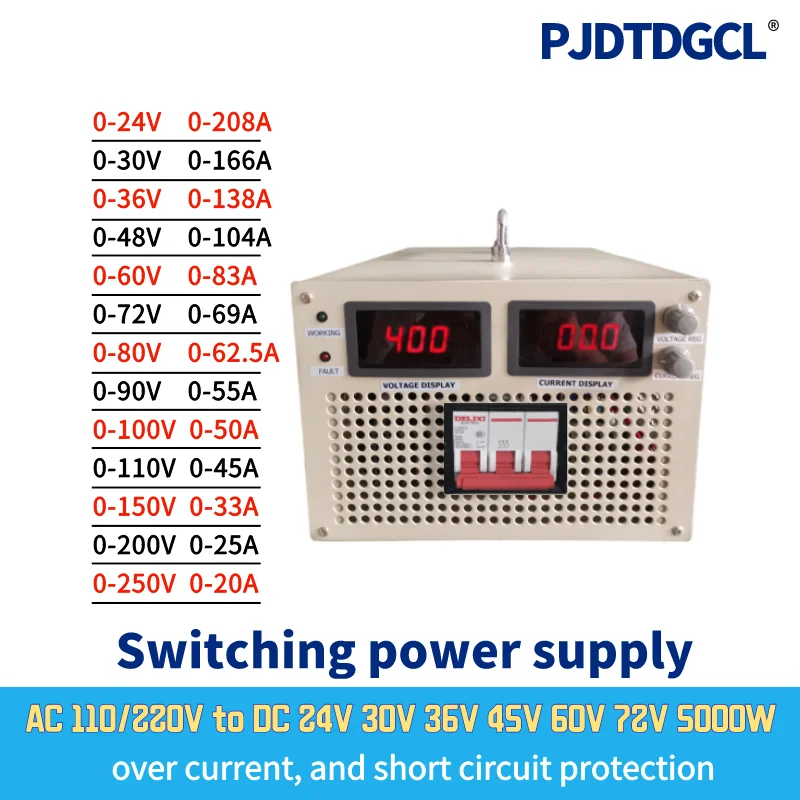 

5000W Switching Power Supply 0-24V 30V 36V 40V 48V 50V 60V 70V 80V 90V 100V 110V 200V 220V 250V Voltage Adjustable Power Supply