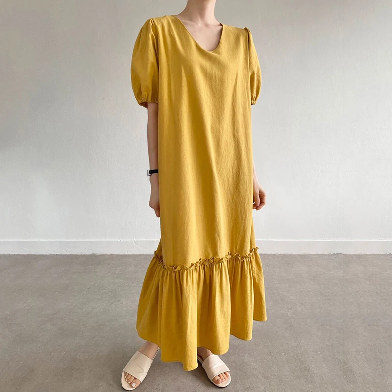 

Kimotimo Summer Loose Dress Women Korean Chic Simplicity Tender V-neck Casual Puff Sleeve Solid Long Hem Trumpet Dresses Femme