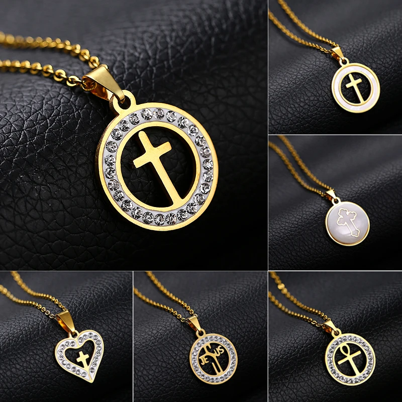 Ожерелье с крестом из нержавеющей стали для женщин, ювелирные изделия, подвеска с круглым корпусом золотого/стального цвета, религиозные женские Украшения, бижутерия