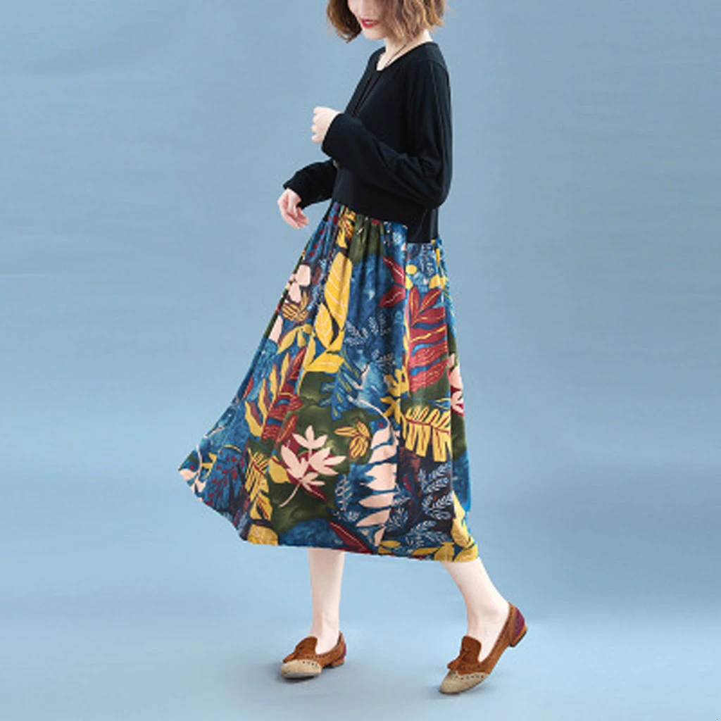 Women Dress Round Collar Cotton Color Collision Print Long Sleeve Female Autumn Winter Casual Plus Size M840# | Женская одежда