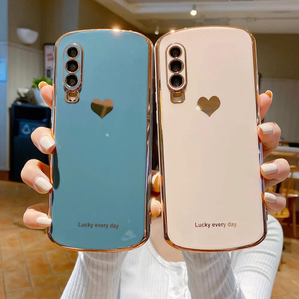 Boucho Mạ Điện Hình Bầu Dục Dành Cho Huawei Honor 30 P30 P40 Giao Phối 30 Pro Nova 7 SE Cao Cấp Màu Trơn họa Tiết Trái Tim Bìa Mềm cute phone cases huawei