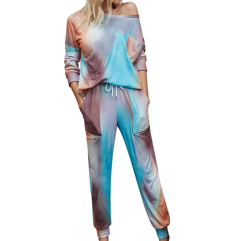 

2021 Women's Tracksuit Two Piece set pants and tops tie dye pajamas lounge wear femme 2 piece sweatsuits homewear suit sleepwear