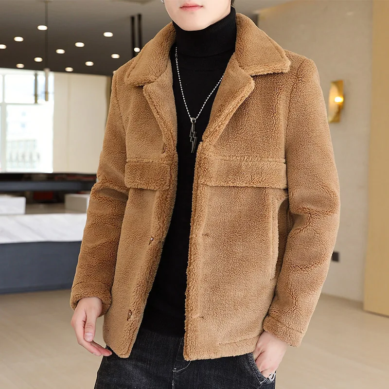 

Hoo 2021 Men's Fashion Polo Collar Thickened Fleece Jacket Youth Winter New Slim Fit Warm Woolen Jacket
