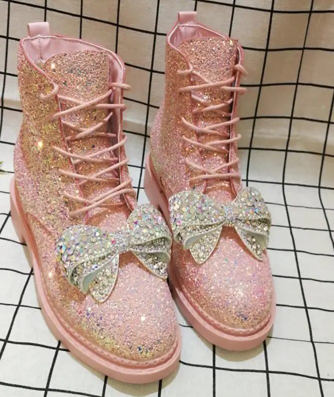 Стразы и бантом для девочек сезон весна тонкие блестки прилив бренд ботинки