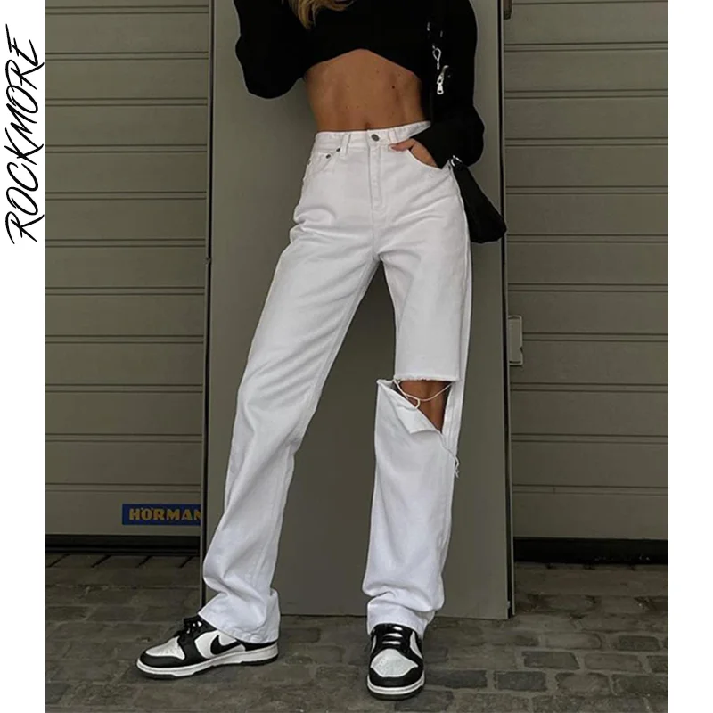 

Женские рваные джинсы Rockmore, мешковатые прямые брюки с высокой талией, джинсовые брюки для мам и мальчиков, уличные брюки-карго с дырками, 2021