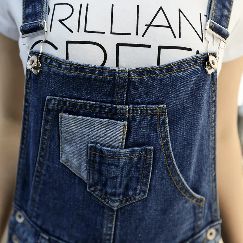 

The NewSummer Style Bib Overalls For Women Washed Wear Scar Personality Big Pocket Scratched Dark Blue Denim Overalls Jeanfor