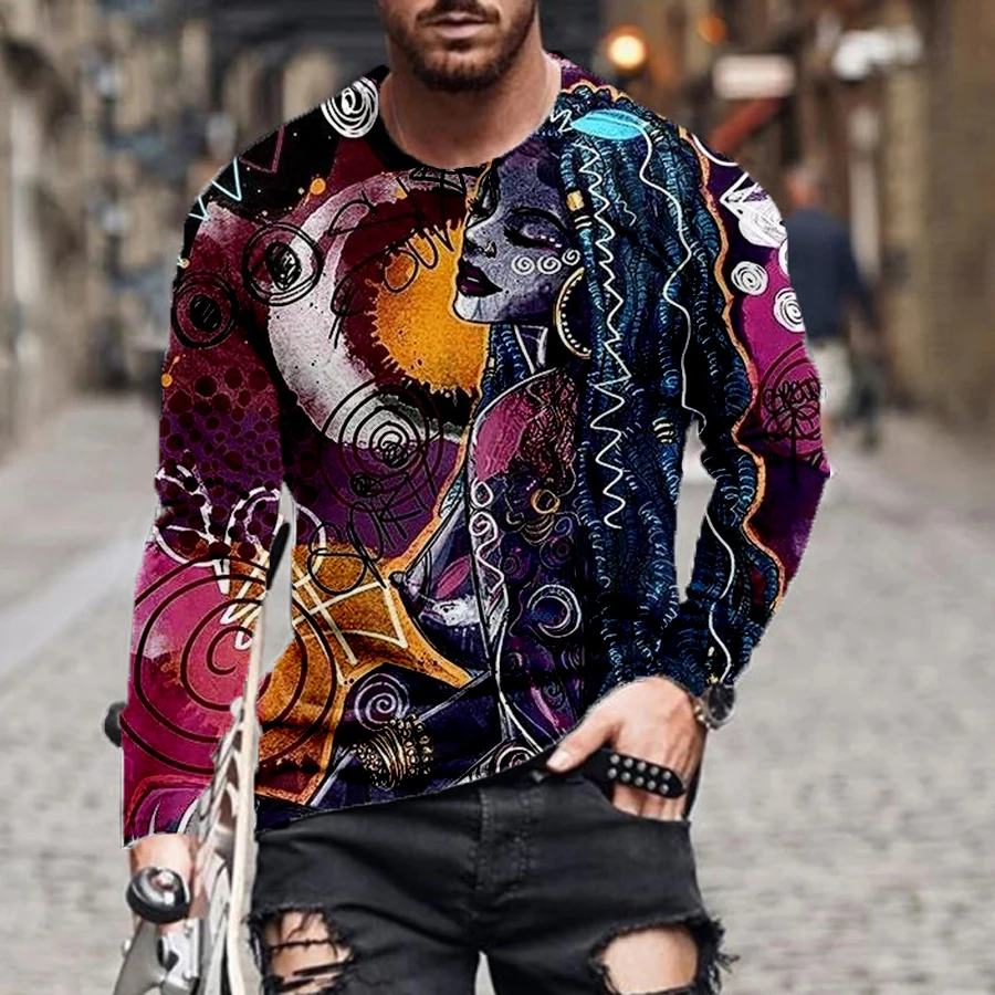 

Сейчас для весны и осени 2021, новая Ретро Повседневная Свободная футболка оверсайз с круглым вырезом и длинными рукавами с принтом для мужчи...