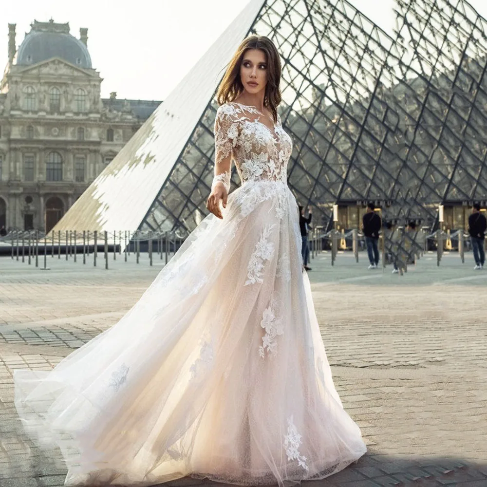 

SoDigne Boho Princess Wedding Dresses Long Sleeve Glitter Lace Appliques Illusion Beach Bride Dresses Vestidos de novia