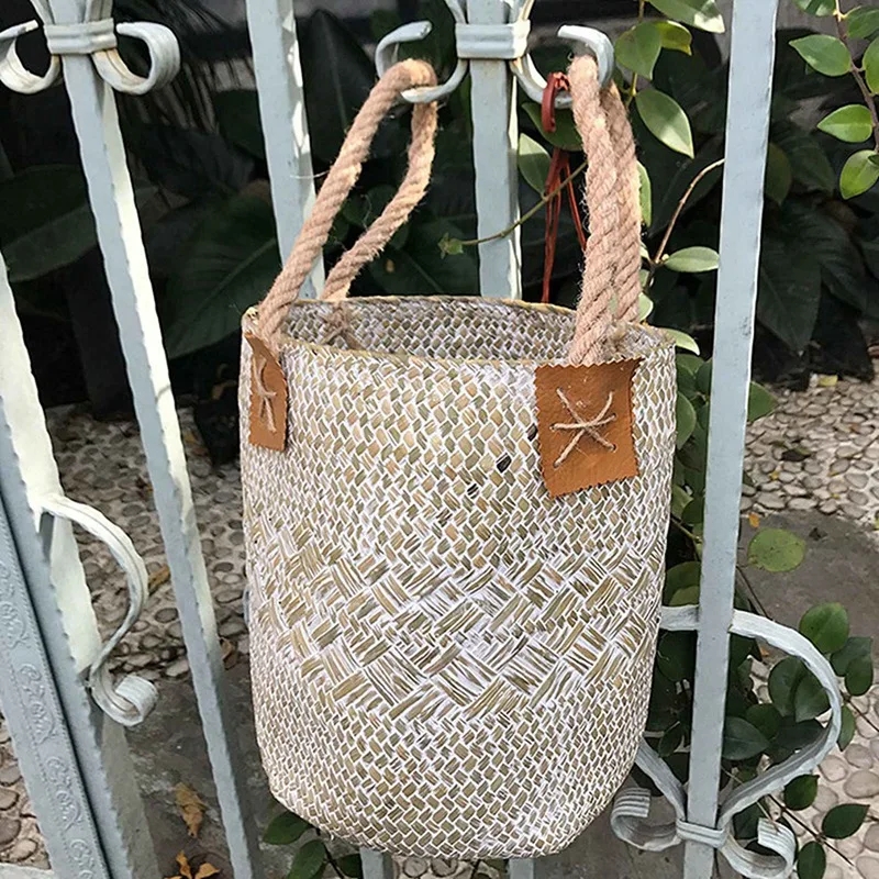 

1x Foldable Natural Woven Seagrass Belly Storage Basket & 7Pcs Produce Bags, Natural Cotton Mesh Bag