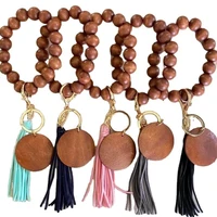 womens art bracelet keychain wooden beads wristlet with tassels decor silicone beaded art bangle chains for keys gift for girl