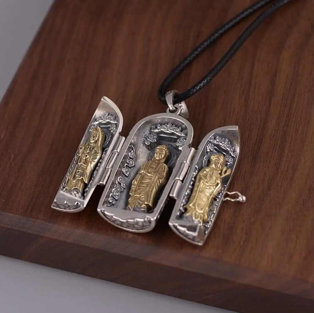 925 пробы Серебряный Буддизм Будда лотоса молитва коробка кулон-без цепи A2056 |