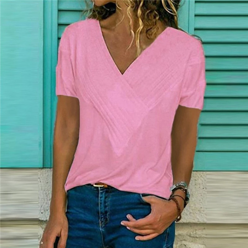 Белая футболка с v-образным вырезом для женщин летняя однотонная хлопковая