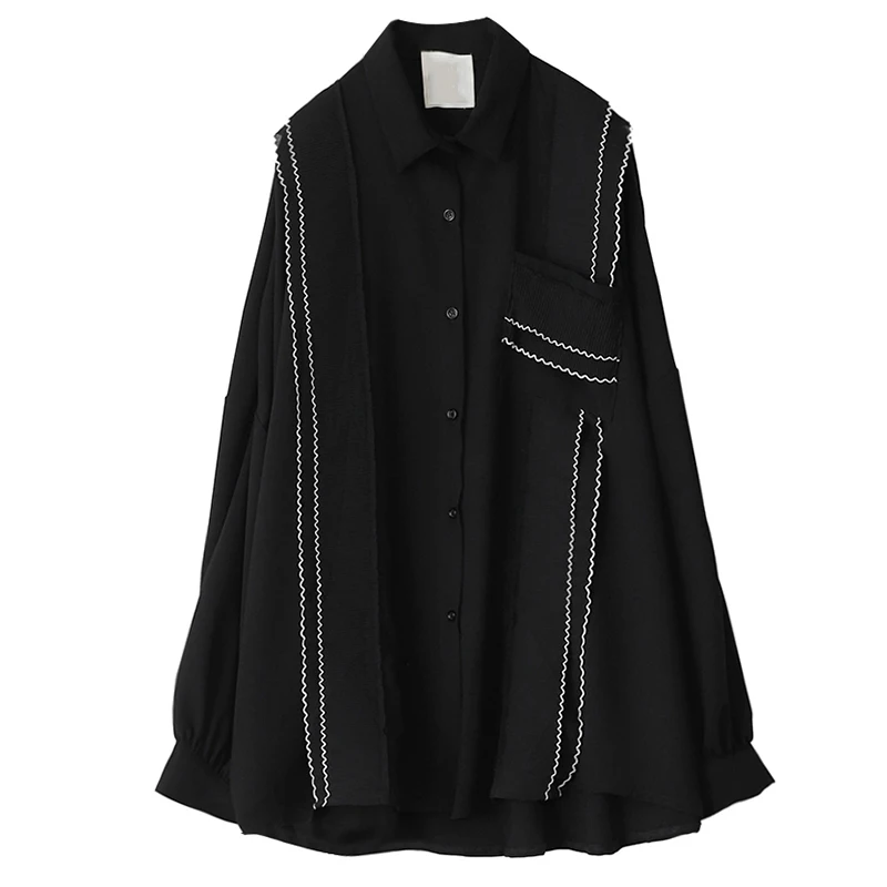 

[EAM] Women Black Big Size Ruffles Casual Blouse New Lapel Long Sleeve Loose Fit Shirt Fashion Tide Spring Autumn 2021 1DD6573