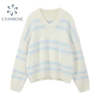 Женский винтажный трикотажный свитер в полоску, абрикосовый пуловер с V-образным вырезом, хлопковые топы в Корейском стиле Харадзюку, элегантная повседневная трикотажная одежда, 2021