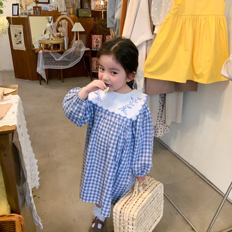 Korean style Toddler Girls Cute Embroidery Navy collar Cotton Plaid Dress 2021 Spring Little Princess Long Sleeve Party Dresses | Детская