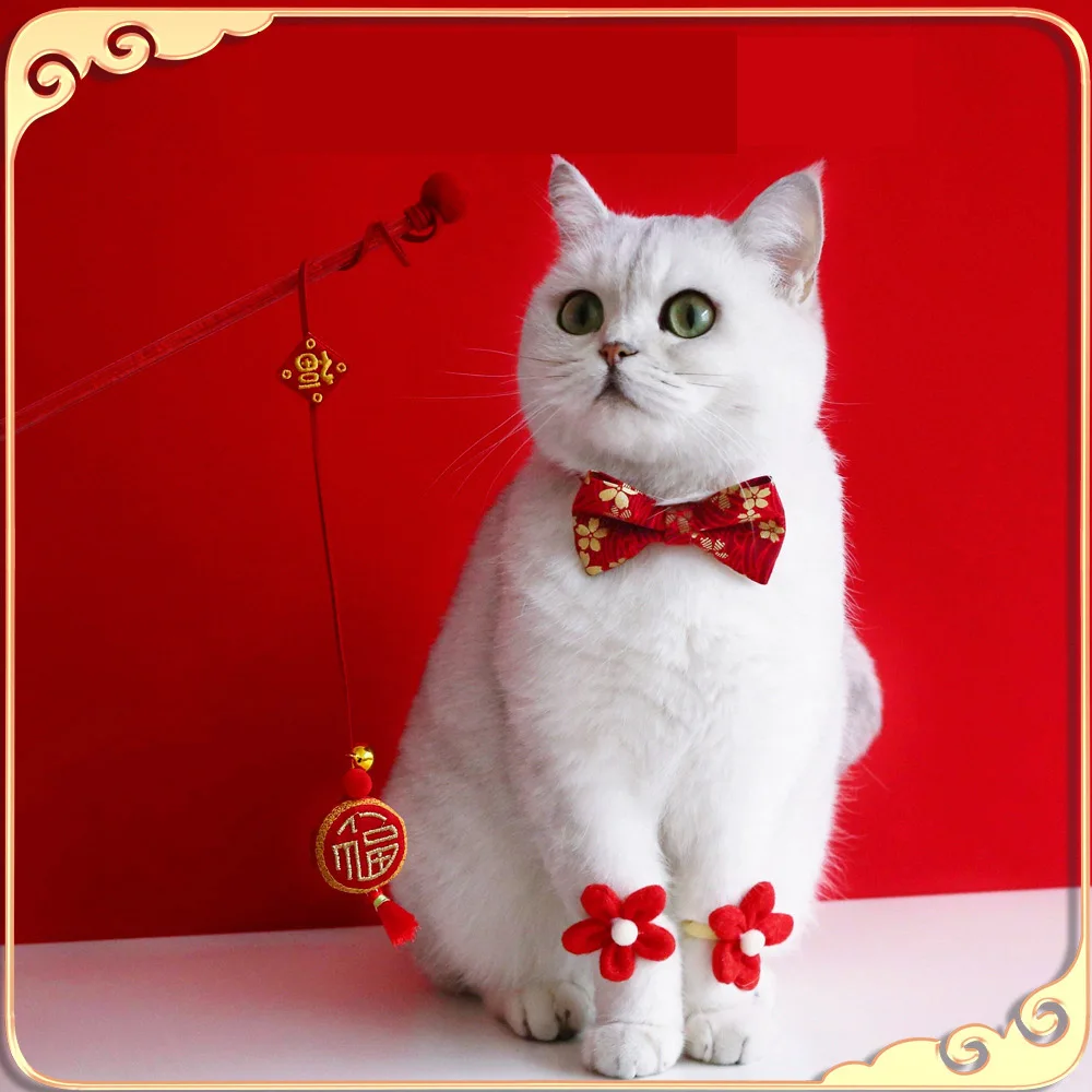 

3PCS SET Funny Cat Stick/Bow Tie/Flower Wristband Adjusable Cat Collar Chinese New Year Style Pet Necklace Cat Accessories
