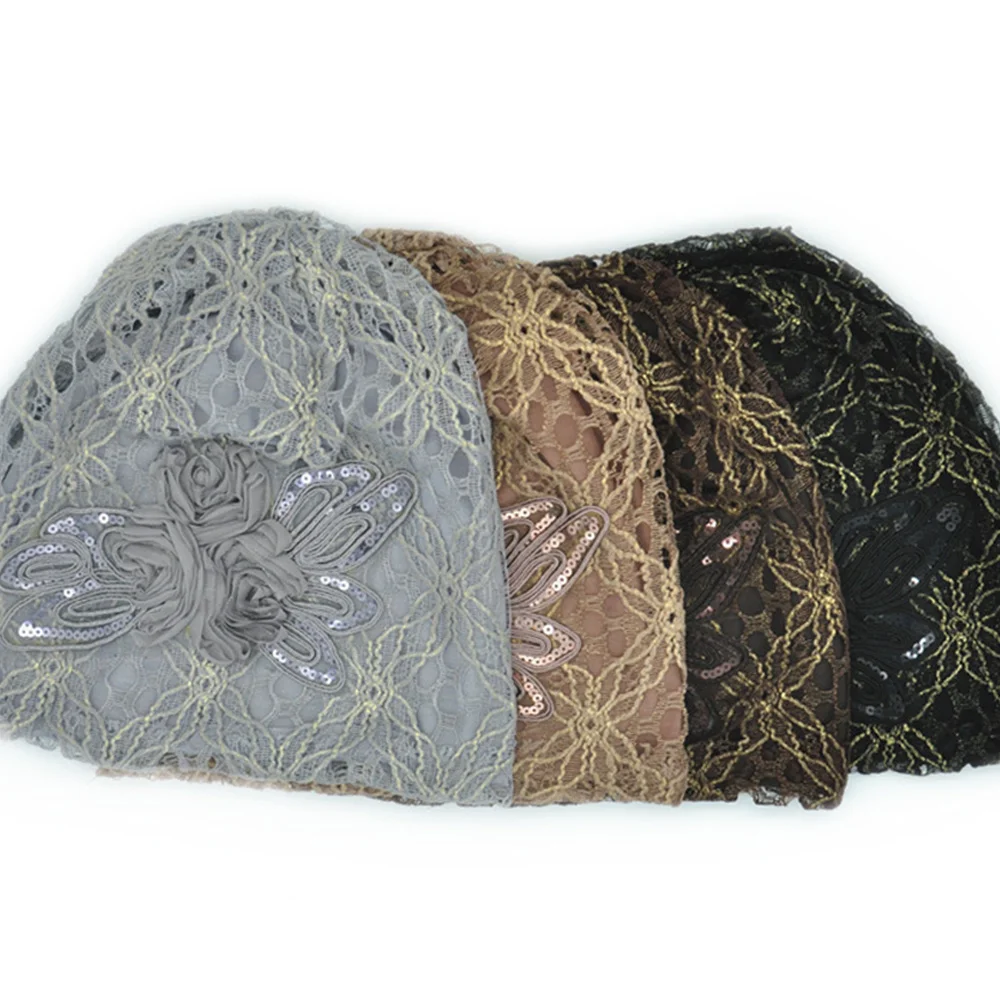 

Lace Flower Lady Hat Muslim Ruffle Beanie Scarf Turban Head Wrap Cap Women Fashion Accessoires Bonnets for Girl Wholesale