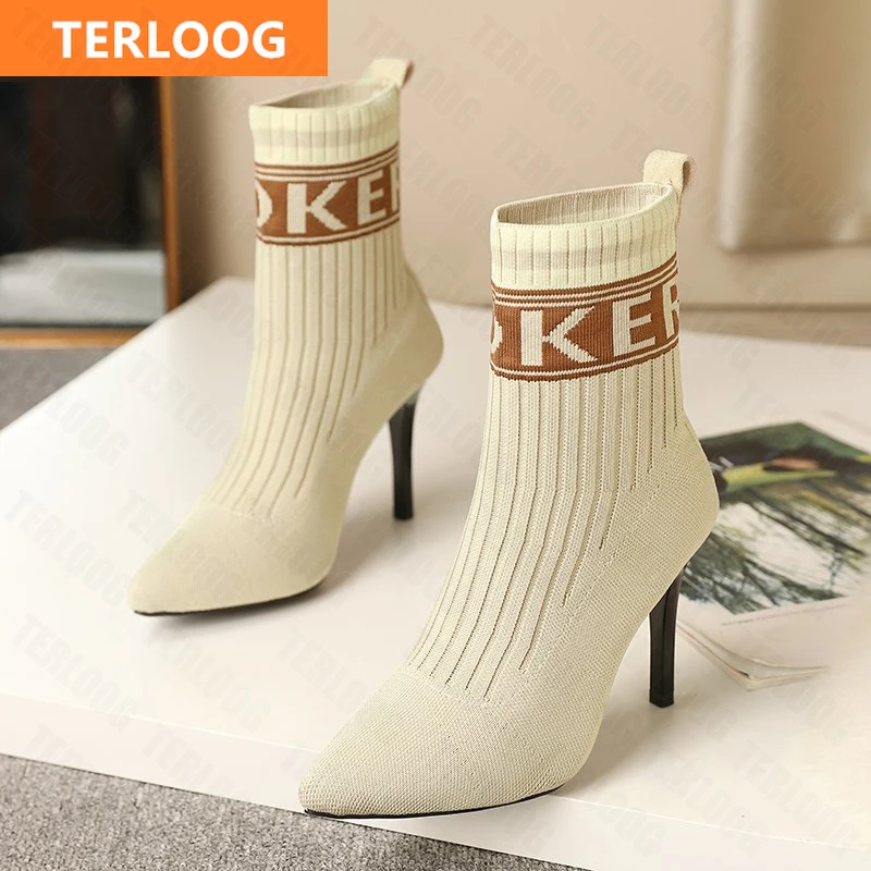 Women Super High Heels Shoes 2021 New Autumn Sexy Dress Fashion Socks Boots Slip-on Designer Knitting Ankle Chunky Pumps | Обувь