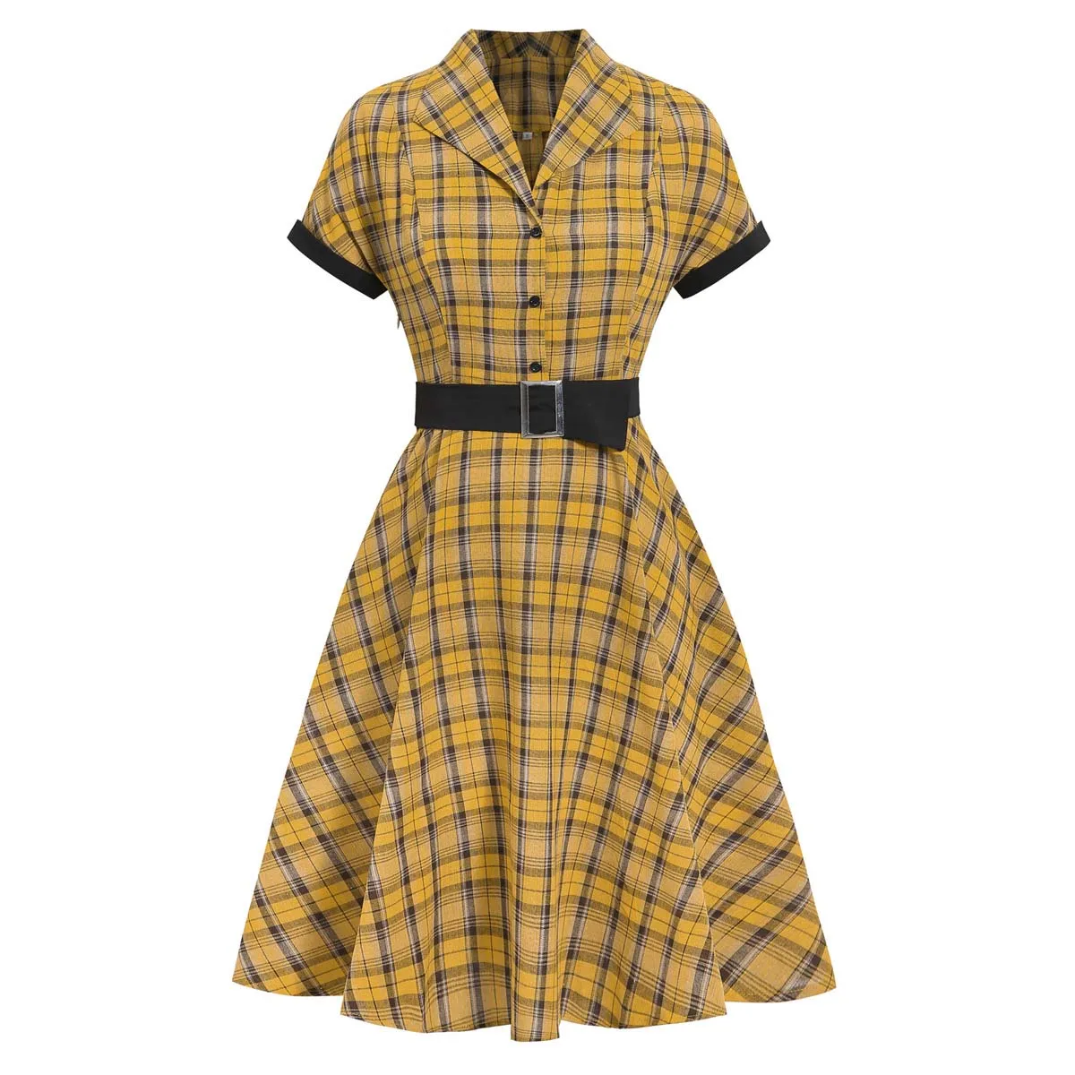 

2021 Retro Summer Dress For Women High Waist Elegant Turn-Down Collar Yellow Plaid Casual Ladies 50’s 60’s vintage Jurken