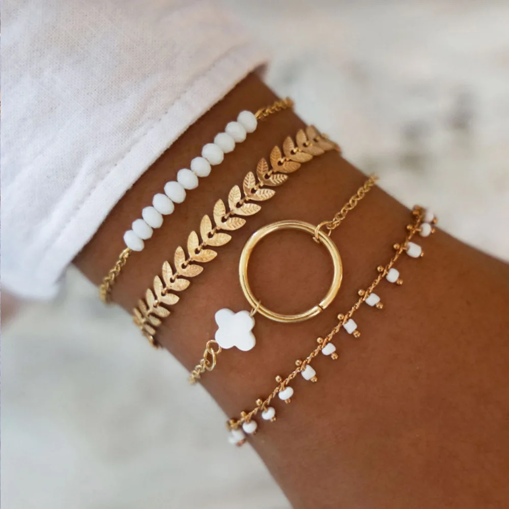 Fashion Geometric Stone Charm Bracelet Set For Women Retro Silver Color Moon Wrist Chain Open Bangle Lady Trendy Boho Jewelry images - 6