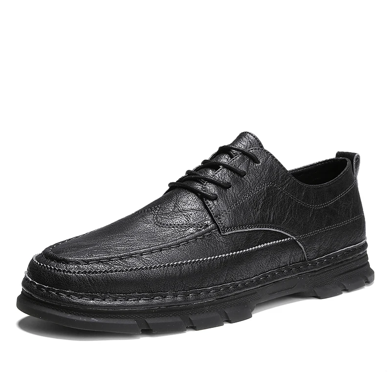 

Daily Concise Mens Casual Leather Shoes Rubber Sole Non-slip Comfort Retro Martins Style Lace-up Street Trendy Youth Footwear