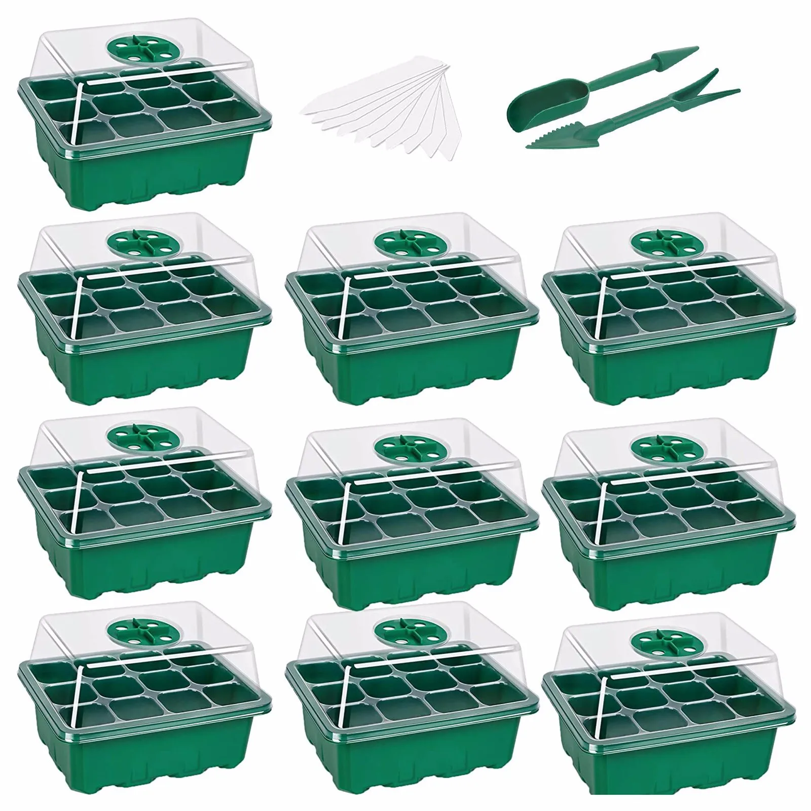 

40# 10-pack Seed Starter Trays Nursery Pots Seedling Tray Humidity Adjustable Switch Garden Decor Accessories 12 Cells Per Tray