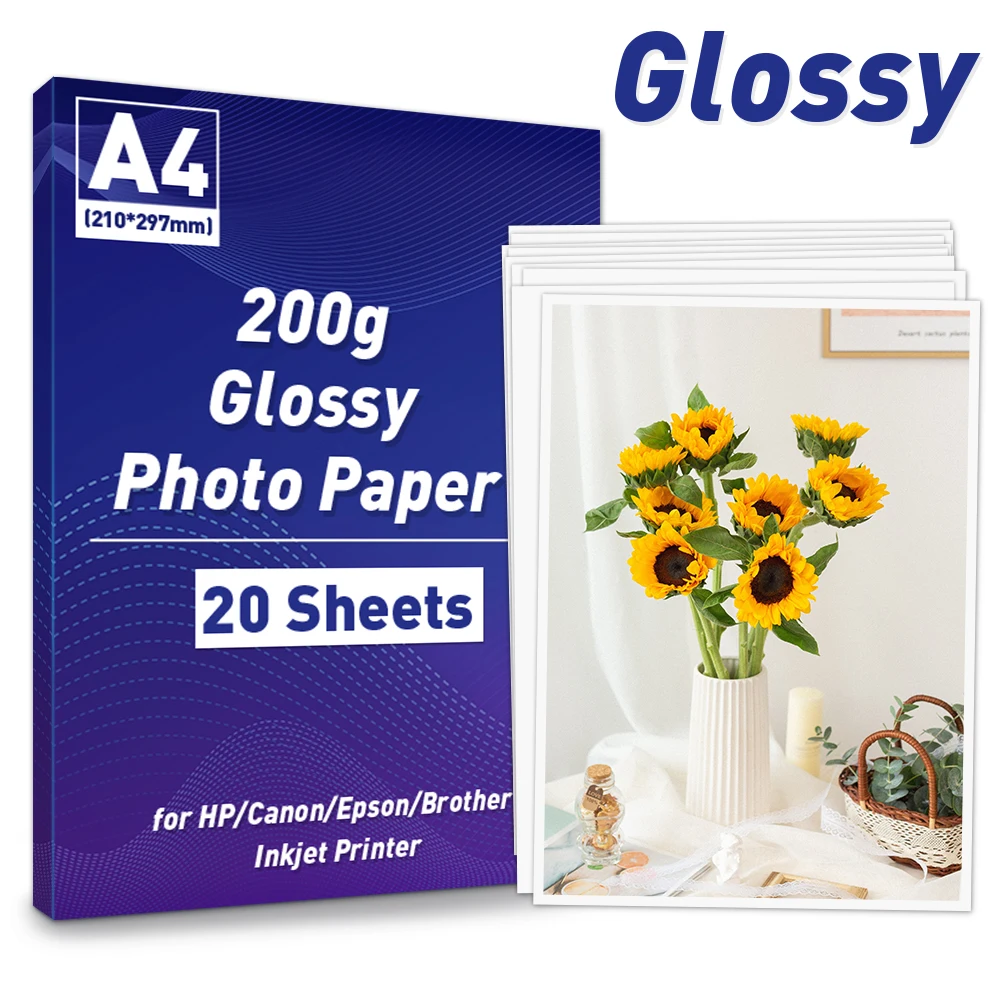 

20 Sheets A4 Photo Paper High Glossy Printer Photo Paper 200g Waterproof Durable Photo Paper for Inkjet Printer Menu Album Photo