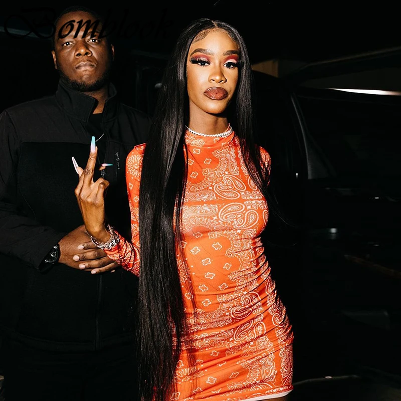 Женское повседневное облегающее платье с принтом длинным рукавом и круглым