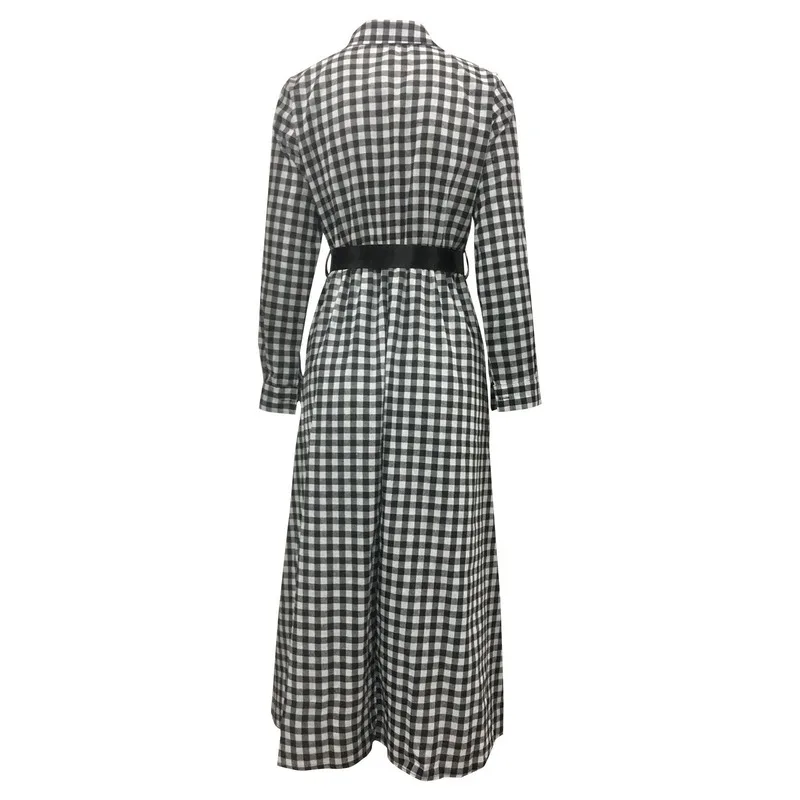 

Autumn Winter Dress For Women 2021 Elegant With Big Swing At Waist Long Sleeve Small Plaid Long Dress Turndown Collar Slim Dress
