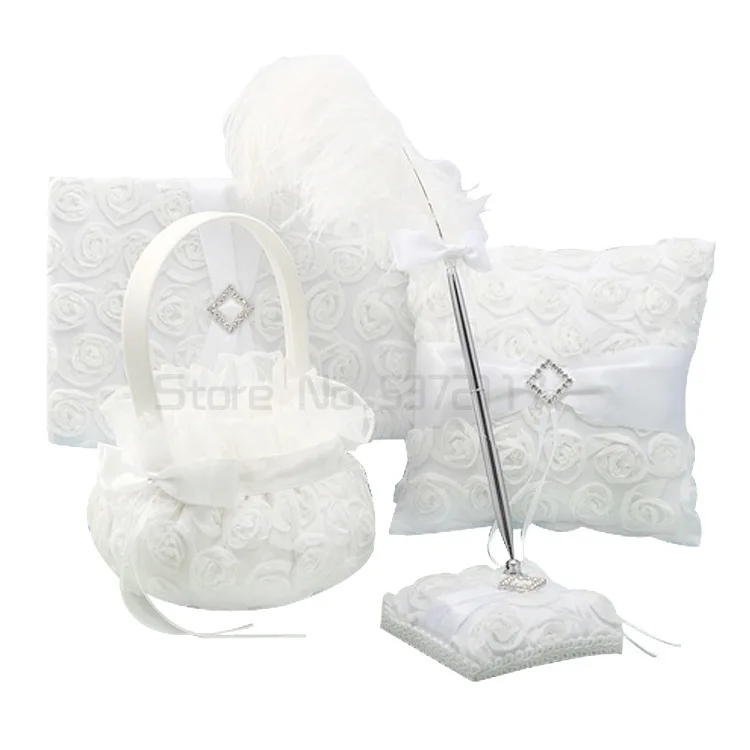 

White rose Flower Wedding Decoration Guest Book Pen & Ring Pillow & Girls Flower Basket set Bride's event supplies