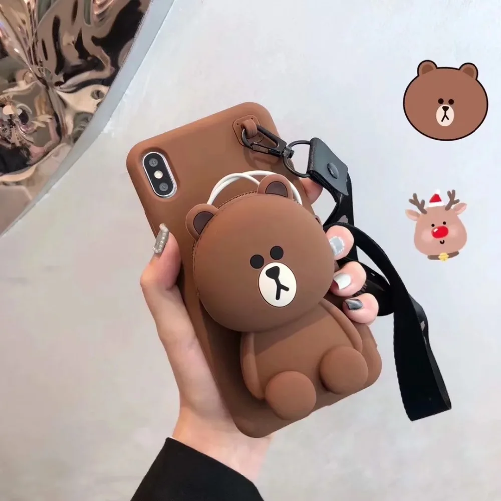 3D Bear Wallet Soft Silicone Case For iPhone X XR XS Max 8 7 6 6S Plus Samsung Galaxy S8 S9 S10 Note 9 Cover With lanyard |