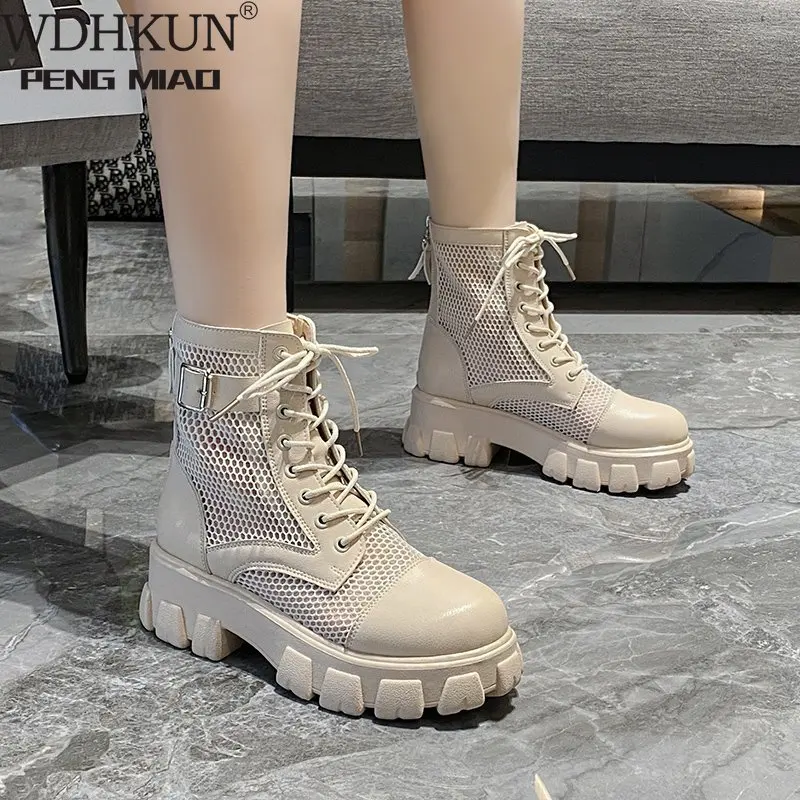 

WDHKUN 6cm Thick Sole Summer Breathable Platform Boots Women Buckle Big Size 43 Lace-up Waterproof Height Increasing Boots