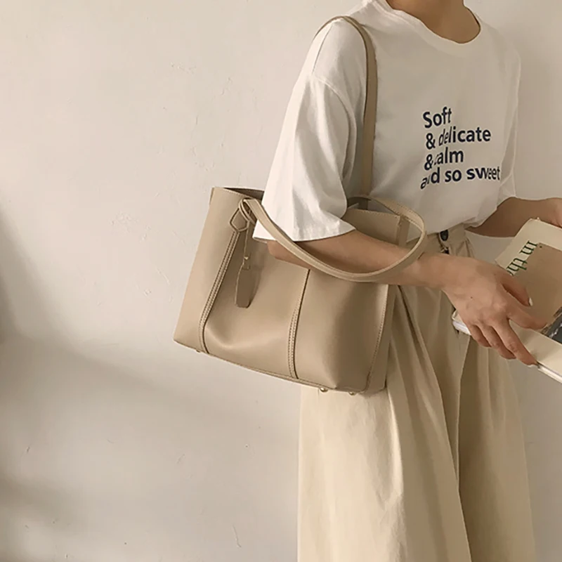 

Women's Bag Soft Solid Color New Pu Handbag Retro Large Capacity Leisure Shoulder Bags Luxury High Quality Multifunctional Bags