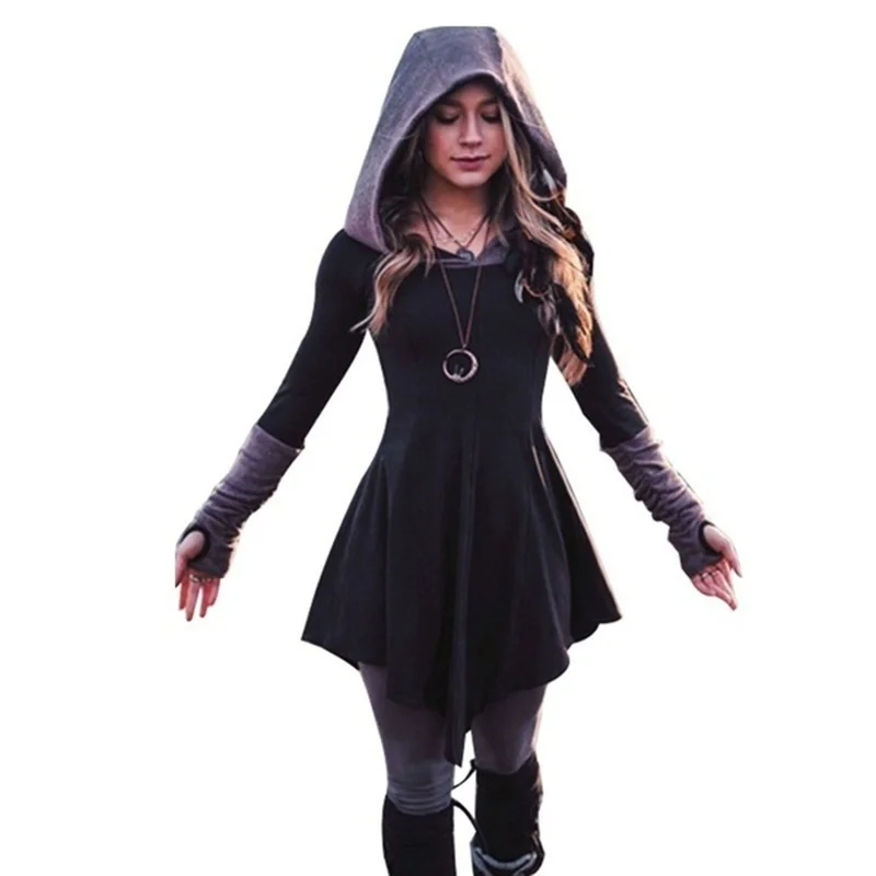 Женское модное готическое платье с капюшоном приталенное плиссированное