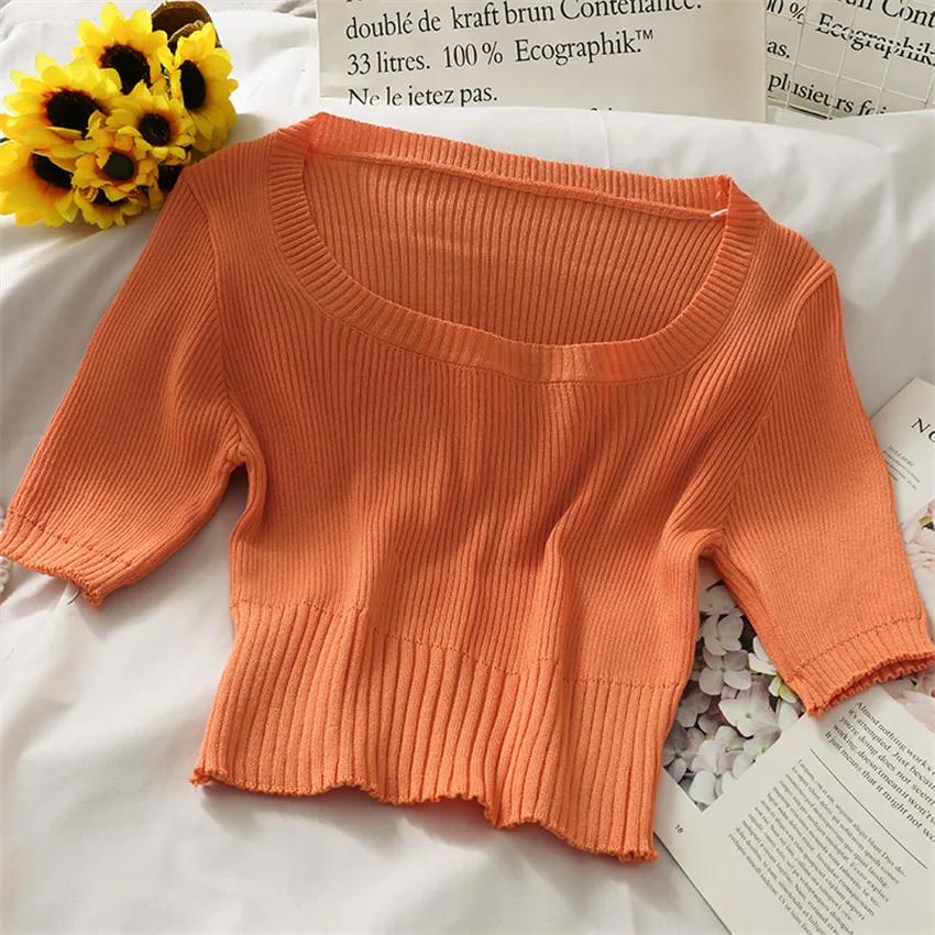 

Candy Color Korean Fashion Sweet Sexy Crop Top Women Short Sleeve Slim Fit Solid T-Shirt Female Summer Basic T shirt Knitwear