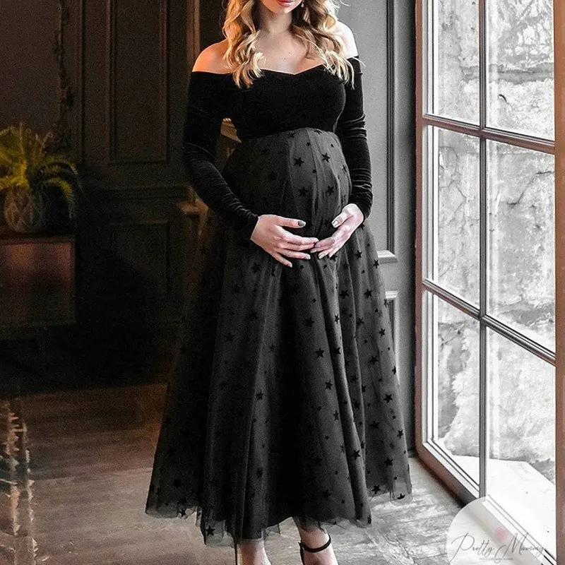 

Бархатные платья для беременных тюлевые черные платья с длинным рукавом для будущей мамы сексуальное платье для беременных с открытыми плечами для фотосъемки