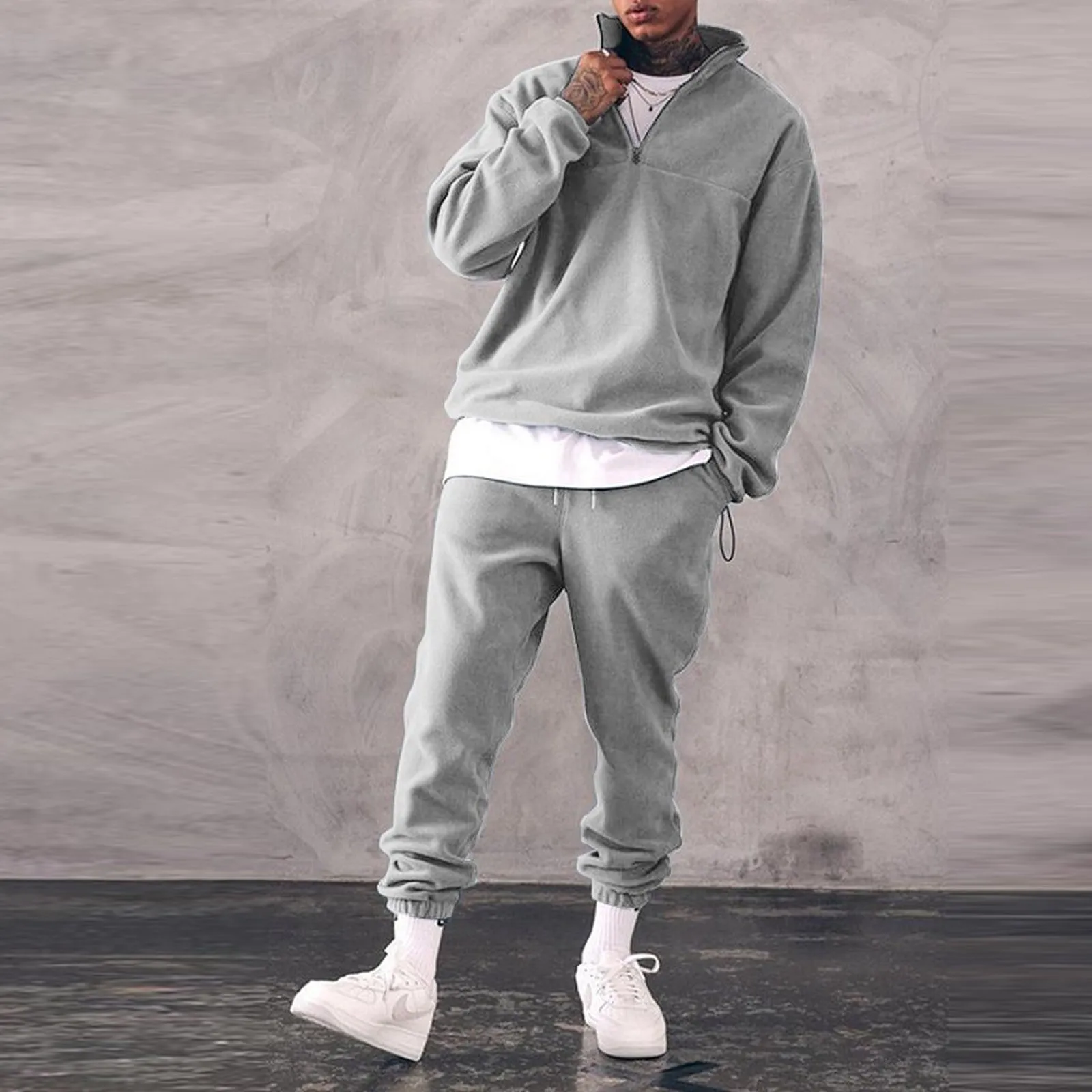 

Sweatshirts Set For Men Winter Warm Fashion 2021 Men's Fashion Solid Color Standing Collar Sweatshirt Casual Sports Home Suit