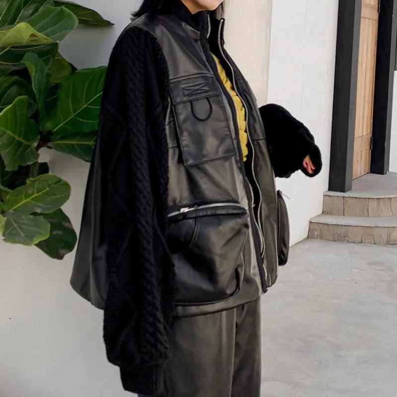 Safari Style Sheepskin Knitting Long Sleeve Trench Coat Female Streetwear Designer Loose Zipper Genuine Leather Outerwear Jacket | Женская