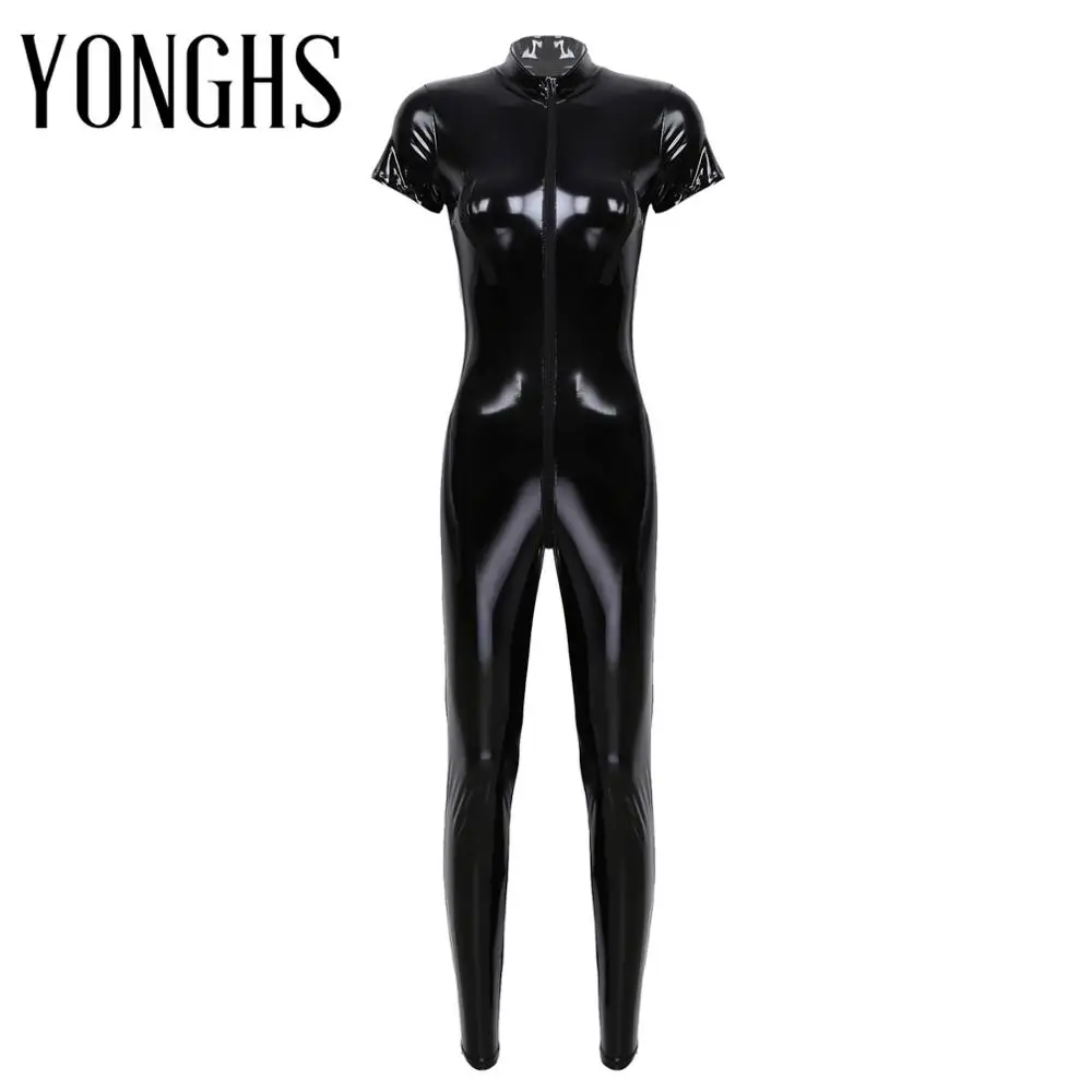 

Womens Bodysuit Glossy Wetlook Patent Leather Stand Collar Cap Sleeves Zippered Bust Crotch Leotard Bodysuit Catsuit Clubwear