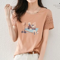 2021 summer new printed short sleeve t shirt for women with loose and thin round neck vintage clothes woman broadcloth