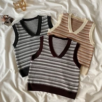 striped short pullover women sweaters vest v neck korean style casual woman clothes fall fashion knit vintage sweater pull femme