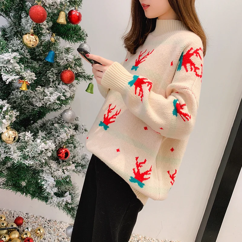 

Christmas Sweater Female 2021 New Loose Lazy Style Pullover Versatile Student Thickened Half High Collar Top