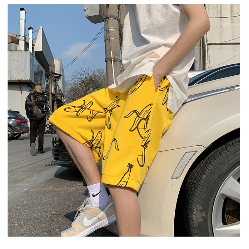 

Summer 2021 Running Sport Shorts for Men Funny Banana Printed Streetwear Harajuku Joggers Mens Elastic Waist Wide Leg Shorts