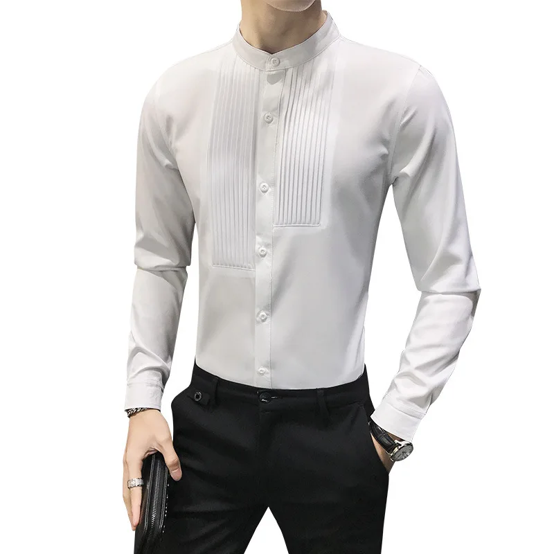 

HOO 2021 Men's British Fashionable Pleated Stand Collar Long-Sleeved Shirt Youth Wedding Banquet Dress Shirt