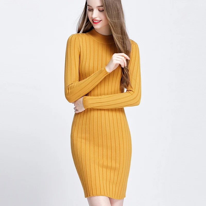 

Sweater Pit Strip Ribbed Knit Autumn Dresses For Women Casual Dresses for Women 2021 Wrap Bodycon Long Sleeve Dress with Collar